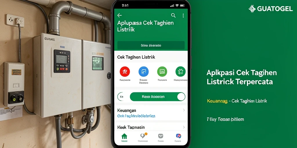 Tampilan antarmuka aplikasi GUATOGEL yang menampilkan fitur cek tagihan listrik.