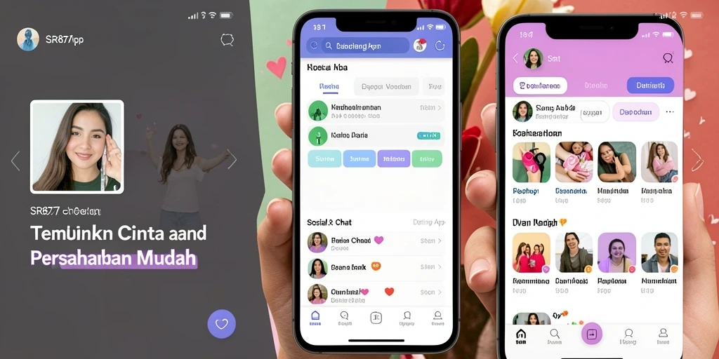 Antarmuka aplikasi SR877 menampilkan fitur chat dan pencocokan pengguna.